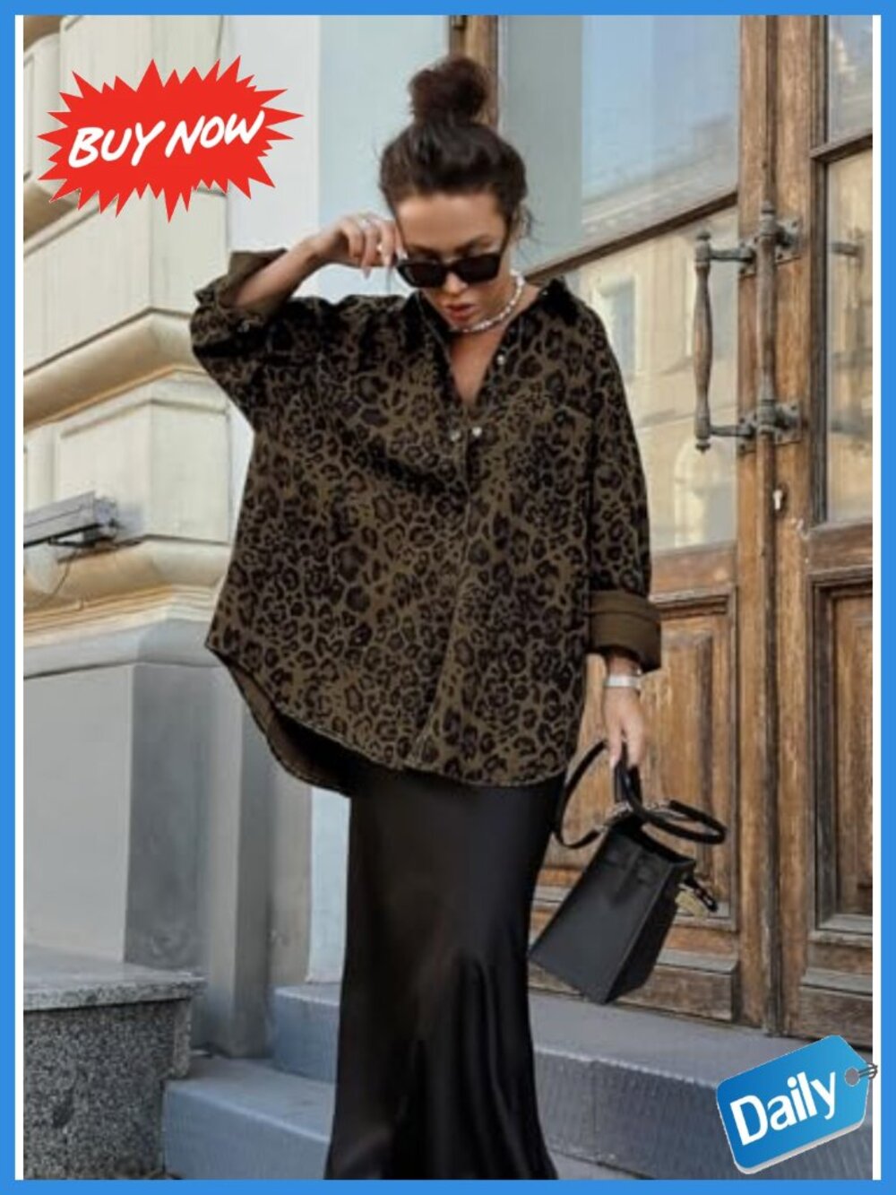 Oversized Leopard Print Shacket Button Down Jacket Fall - Picture 3 of 6